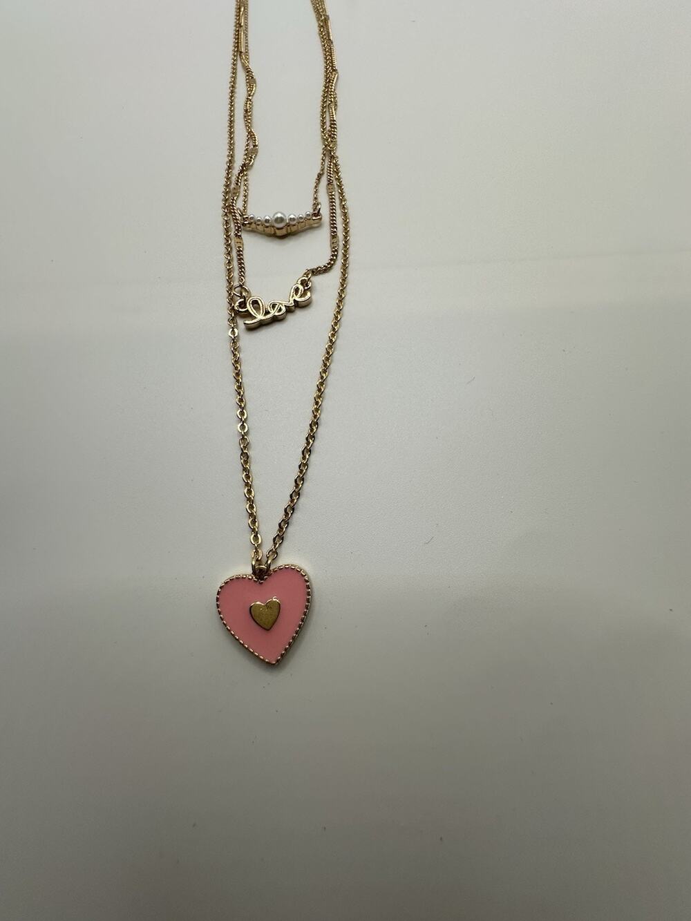 Isles & Stars Gold Tone Multi Chain Necklace W/Pink Enamel Heart Faux Pearl Love